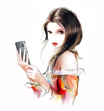 Brunette Girl using touchscreen of a Smart phone clipart