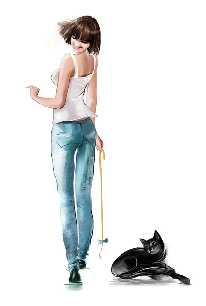 Ragazza di moda giocare con il suo gatto — Foto Stock