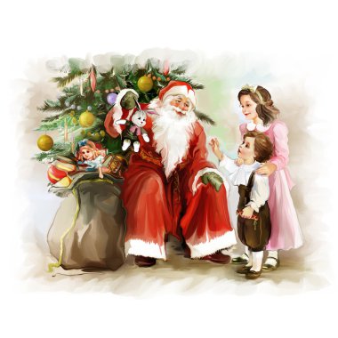 Children and santa Claus near the new year tree