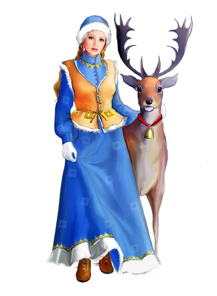 Snow maiden med christmas rådjur — Stockfoto