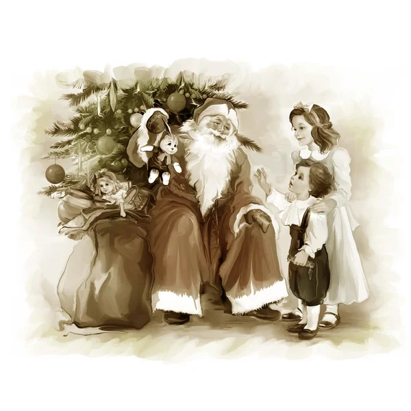 Дети и Санта Клаус возле новогодней елки — стоковое фото
