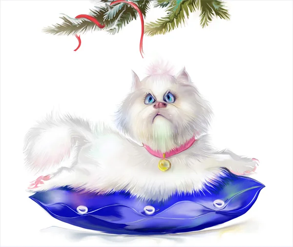 Gato sob árvore de Natal — Fotografia de Stock