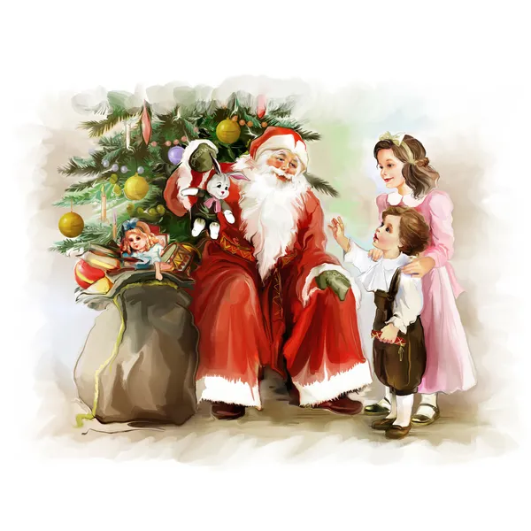 Kinderen en santa claus in de buurt van het nieuwe jaar boom — Stockfoto