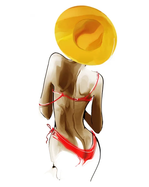 Kvinna i bikini på soliga tropiska stranden — Stockfoto
