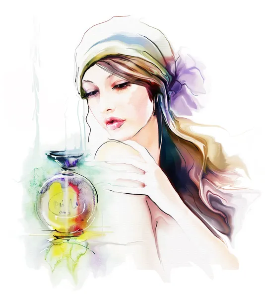 Vrouw met fles parfum — Stockfoto