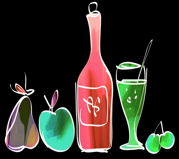 Färsk frukt och juice i glasen — Stockfoto