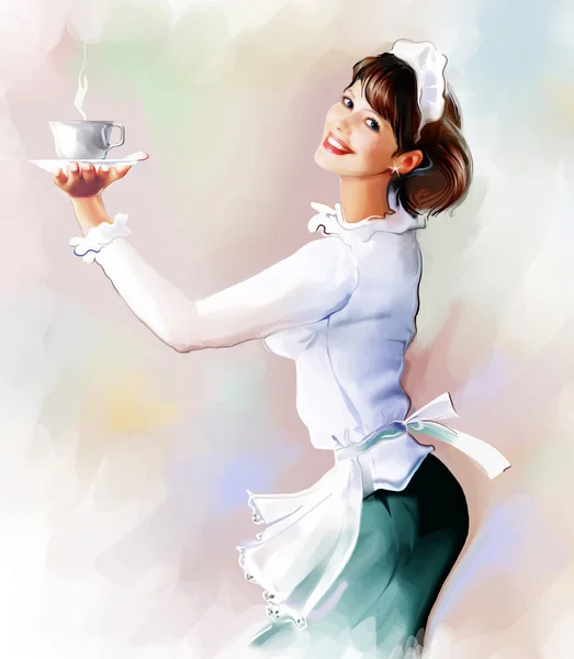 Vackra kvinnliga servitrisen med en kopp — Stockfoto