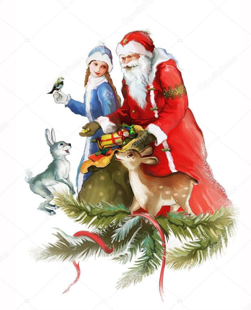 Young beautiful Snow Maiden with Santa Claus
