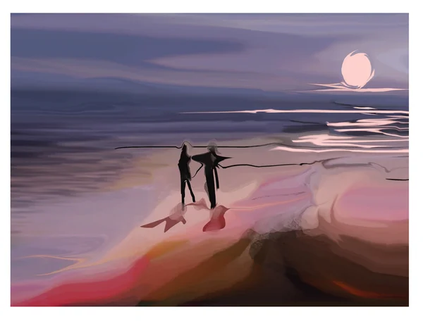 Couple walking near ocean at night — Stock Photo, Image