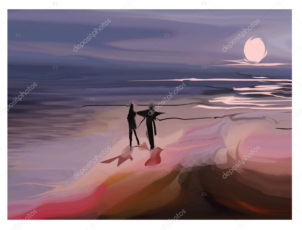 Couple walking near ocean at night