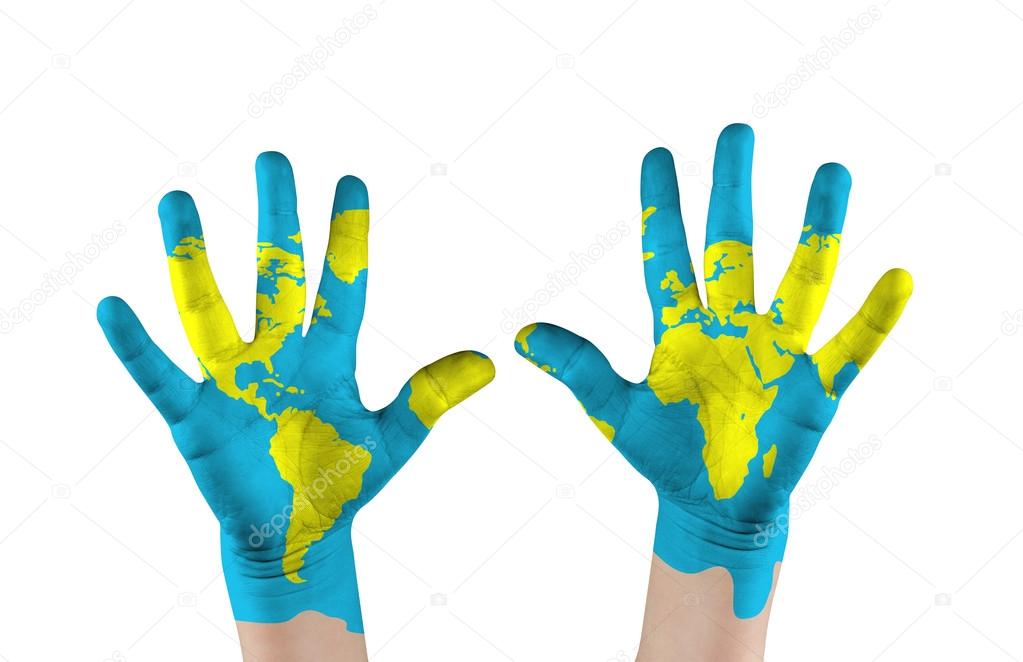 Map painted on hands. Concept save the world