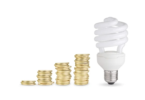 Coins and energy saver bulb — Stockfoto