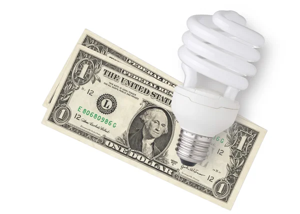 Lampadina LED sopra i soldi — Foto Stock
