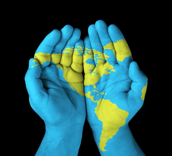 World map painted on hands. — Stock Photo, Image