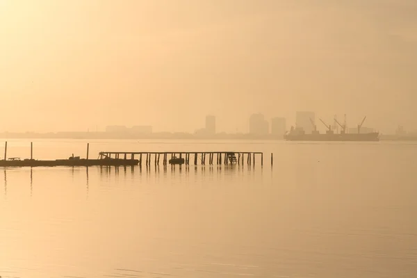 Port during foggy morning — Stock Photo, Image