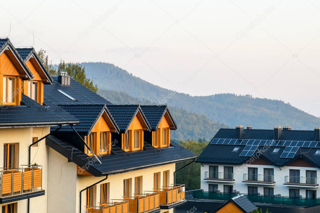 Houses and hotels on the streets of Karpacz, spa town and ski resort in Lower Silesian, Poland, September 2021. High quality photo