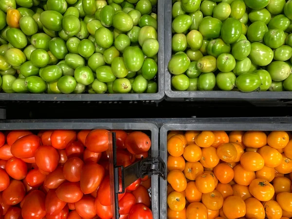 Red, green and yellow tomatoes in boxes. High quality photo