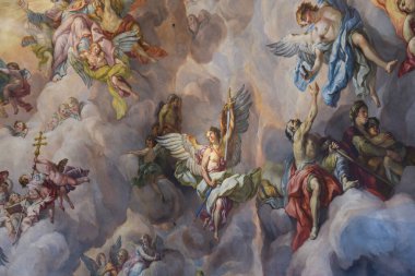 Avusturya, Viyana 'daki ünlü Barok St. Charles Kilisesi ya da Karlskirche' nin iç mekanı. Ocak 2022. Yüksek kalite fotoğraf