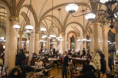 Avusturya, Viyana 'daki ünlü tarihi Cafe Central' ın içi. Ocak 2022. Yüksek kalite fotoğraf