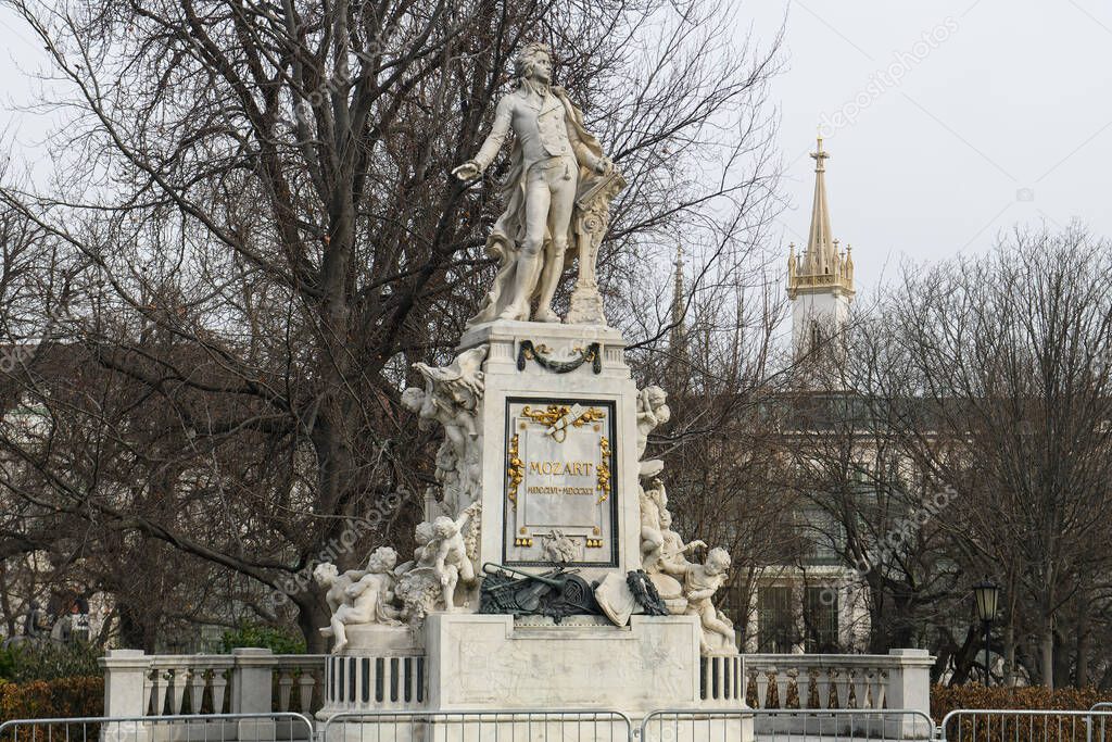 The Mozart Monument in the Burggarten in the Innere Stadt district of Vienna, Austria. January 2022