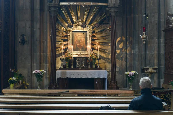 Forntida Mirakulösa Ikonen Our Lady Gotisk Interiör Stephansdom Wien Österrike — Stockfoto