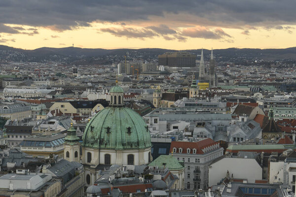 Panoramic view of Vienna from the South Tower of St. Stephen Cathedral or Stephansdom, main catholic church in Vienna, Austria. January 2022. High quality photo
