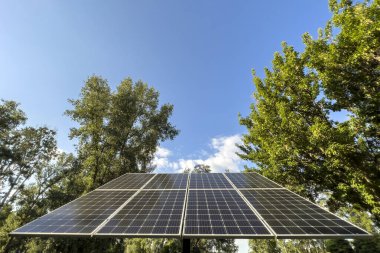 The solar battery panels mounted in the park with blue sky. High quality photo
