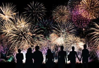 bir grup insan güzel renkli tatil fireworks görünüyor