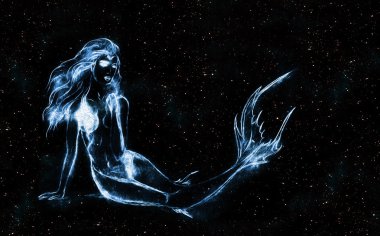 yıldızlı gökyüzü, dalgalı çizgiler, deniz kızı