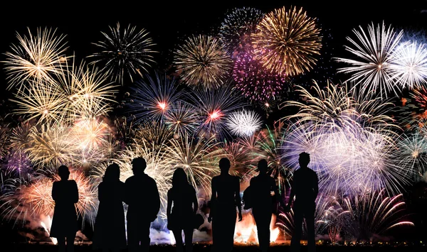 Group of people looks beautiful colorful holiday fireworks — Stock Photo, Image