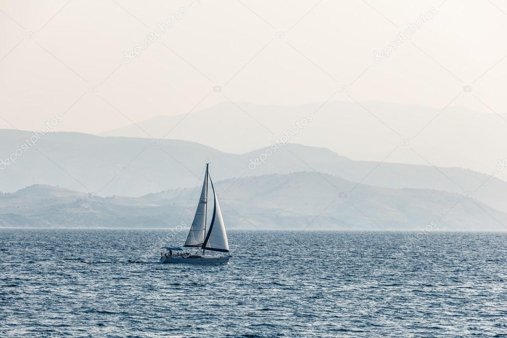 Yacht sailing. Holiday lifestyle landscape with skyline sailboat
