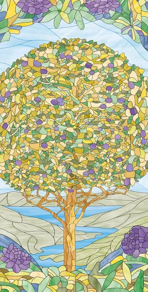 Vitray pencere hayat ağacı, cennet ağacı — Stok fotoğraf