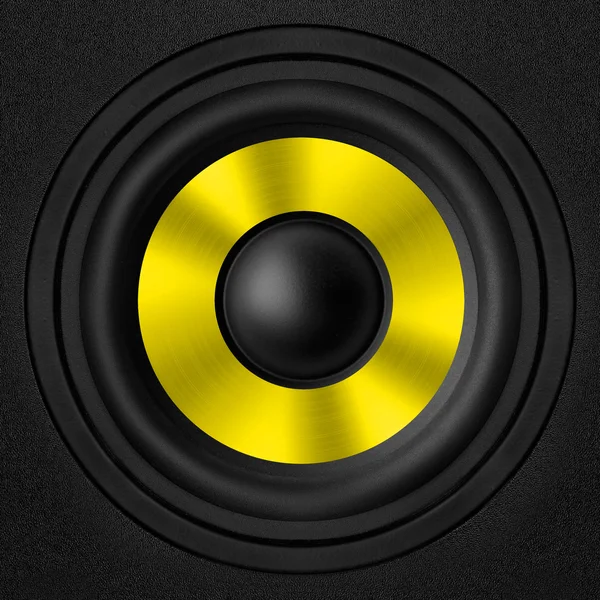 Black & yellow speaker with a metal membrane — Stock Photo, Image