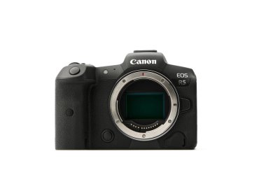 Canon EOS R5 Aynasız Dijital Kamera ve beyaz arka planda 8k ham video. Piyasadaki en güçlü aynasız kameralardan biri. 03.04.2021, Rostov bölgesi, Rusya