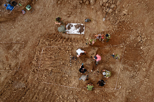 Excavations at the site of a war crime. Site of a mass shooting of people. Human remains bones of skeleton, skulls . Human remains of victims of the Nazis. 28.08.2021, Rostov region, Russia