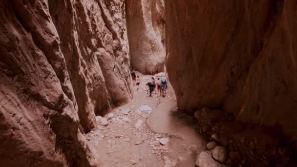 Tourists walking in the gorge, Drone flying through narrow canyon in mountains. Narrow Karadakh gorge. Beauty of untouched nature. Speleology travel. 10 bit Video. 24.05.2021, Dagestan, Russia — Vídeo de Stock