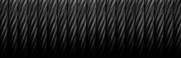 Metal cable winch. Black Steel rope winch close-up. Strong still background — Foto Stock