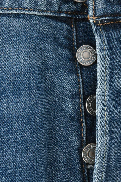 Feche Detalhes Novo Jeans Levi 501 Costuras Denim Textura Close — Fotografia de Stock