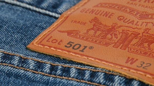 Nahaufnahme Der Details Der Neuen Levi 501 Jeans Naht Und — Stockfoto