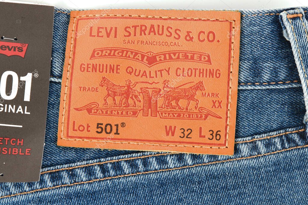 Close up of the details of new LEVI'S 501 Jeans. Seams and denim texture close-up. Classic jeans model. LEVI'S is a brand name of Levi Strauss and Co, founded in 1853. 31.12.2021, Rostov, Russia.