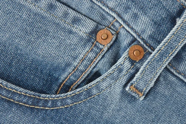 Nahaufnahme Der Details Der Neuen Levi 501 Jeans Knöpfe Und — Stockfoto
