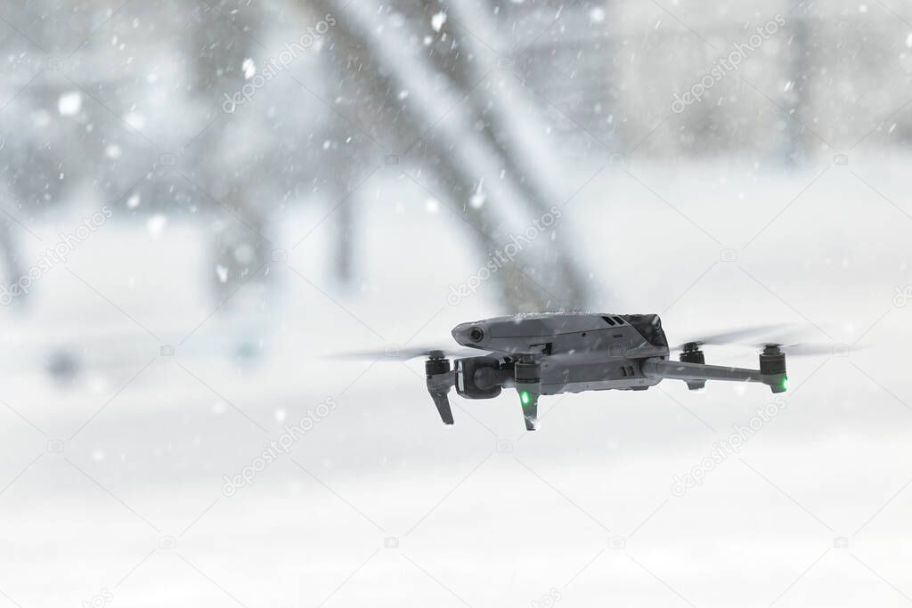 New DJI Mavic 3, flying in snow conditions. DJI Mavic 3 one of the most portable drones in the market, with Hasselblad camera. 25.01.2022 Rostov-on-Don, Russia