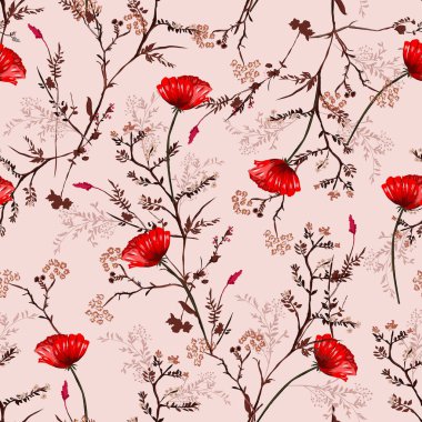 Güzel, klasik, desensiz el çiçekli kırmızı gelincik çiçekleri ve çiçek desenli botanik çizdi. Vintage Style.Moda, kumaş, tekstil, duvar kağıdı, kapak, ağ, ambalaj ve tüm baskılar için tasarım