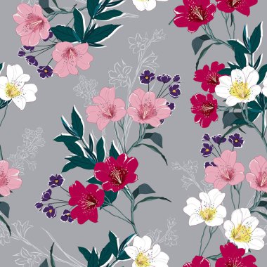 Çiçeklerin birçok çeşidinde son moda çiçek deseni. Tropik botanik motifleri rastgele dağılmış. Kusursuz vektör dokusu. Açık gri arkaplan renginde elle çizilmiş yazdırma.