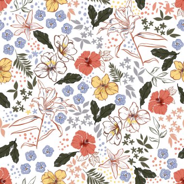 Vinatge Colour and Hand, çiçek açan çiçek yaprakları, botanik yaprağı i, birçok çeşit çiçek şık polka noktalı desensiz vektör, moda, kumaş, tekstil, duvar kağıdı, kapak, ağ, ambalaj ve tüm baskılar için tasarım 