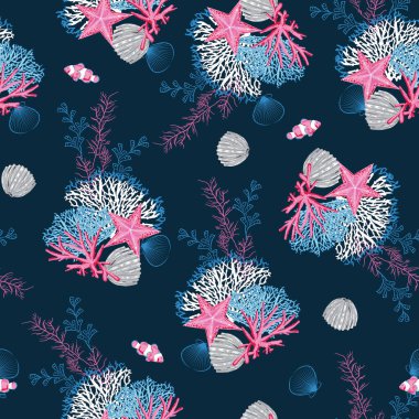Deniz kabukları, denizyıldızı, yumuşakça tasarımı moda, kumaş, tekstil, duvar kâğıdı, kapak, ağ, ambalaj ve lacivert üzerine tüm baskılar ile güzel sualtı deniz altı desensiz taşıyıcı el