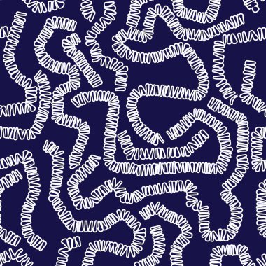 Soyut kıvrımlı çizgileri olan kusursuz bir desen. Serbest fırça darbeleri. Modern monokrom dokusu. Moda, kumaş, tekstil, duvar kağıdı, kapak, ağ, ambalaj ve lacivert arka plandaki tüm baskılar için tasarım