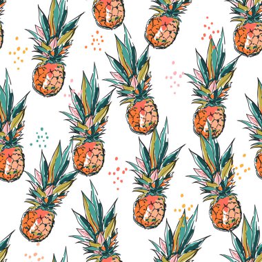 Sanatsal el çizimi fırça fırçası boyası ananas dikişsiz desen vektörü EPS10, moda, kumaş, tekstil, duvar kağıdı, kapak, ağ, ambalaj ve tüm baskılar için tasarım 