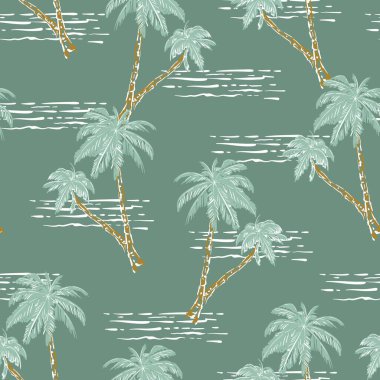 Moda, kumaş, tekstil, duvar kağıdı, kapak, ağ, ambalaj ve açık yeşil nane üzerindeki tüm baskılar için tasarlanmış el yapımı palmiye ağacı ve okyanus dalgası retro modu.