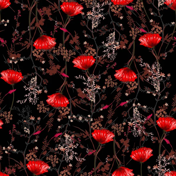 Met Hand Getekend Rood Bloeiende Papaver Bloemen Botanische Met Floral — Stockvector